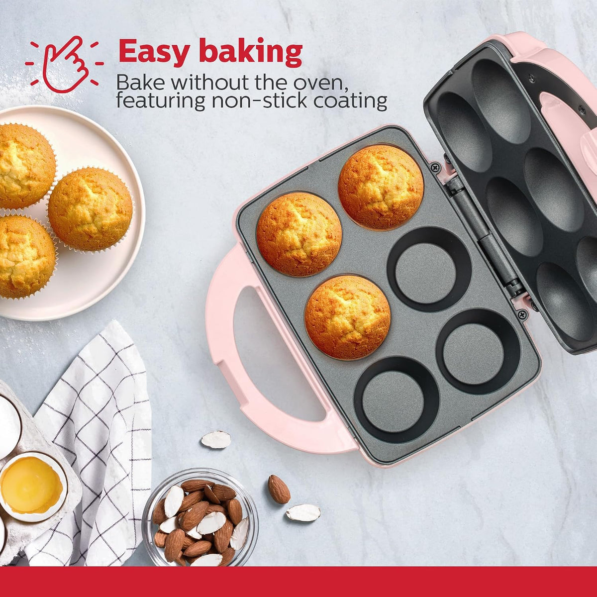 Non-Stick 6-Count Electric Cupcake Maker Machine – Bakes 6 Cupcakes, Muffins, Pizza Cups, Cinnamon Buns – Perfect for Gifts, Birthdays, Holidays, or Bake Sales, Pink