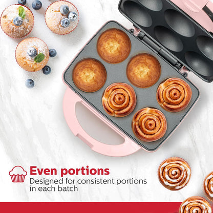 Non-Stick 6-Count Electric Cupcake Maker Machine – Bakes 6 Cupcakes, Muffins, Pizza Cups, Cinnamon Buns – Perfect for Gifts, Birthdays, Holidays, or Bake Sales, Pink