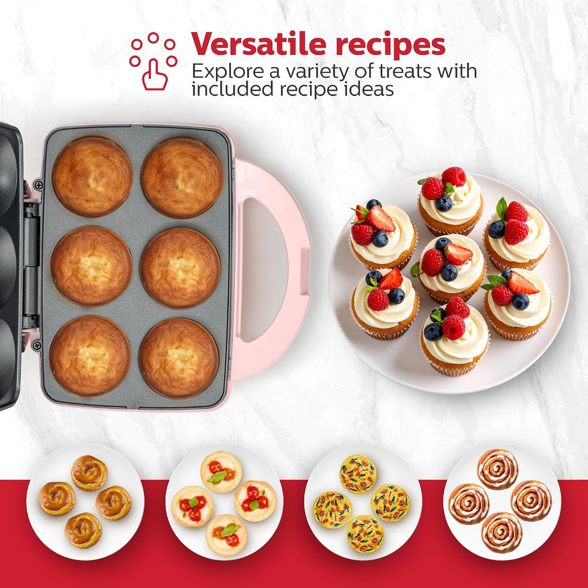 Non-Stick 6-Count Electric Cupcake Maker Machine – Bakes 6 Cupcakes, Muffins, Pizza Cups, Cinnamon Buns – Perfect for Gifts, Birthdays, Holidays, or Bake Sales, Pink