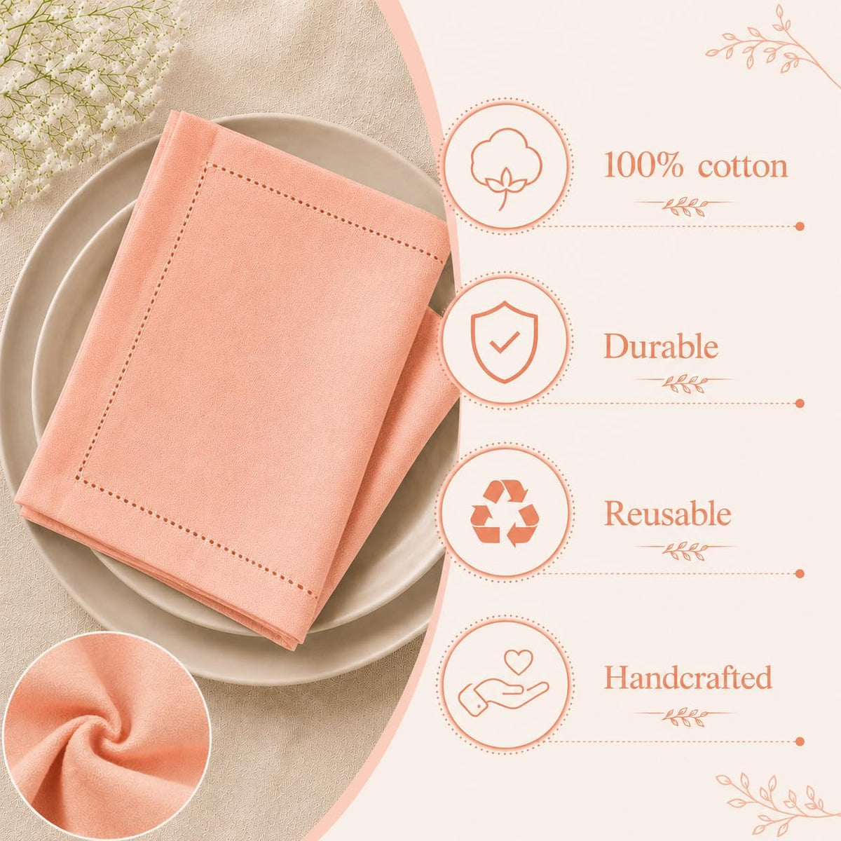 Peach Cotton Cloth Napkins, 18x18 in., 12-Pack