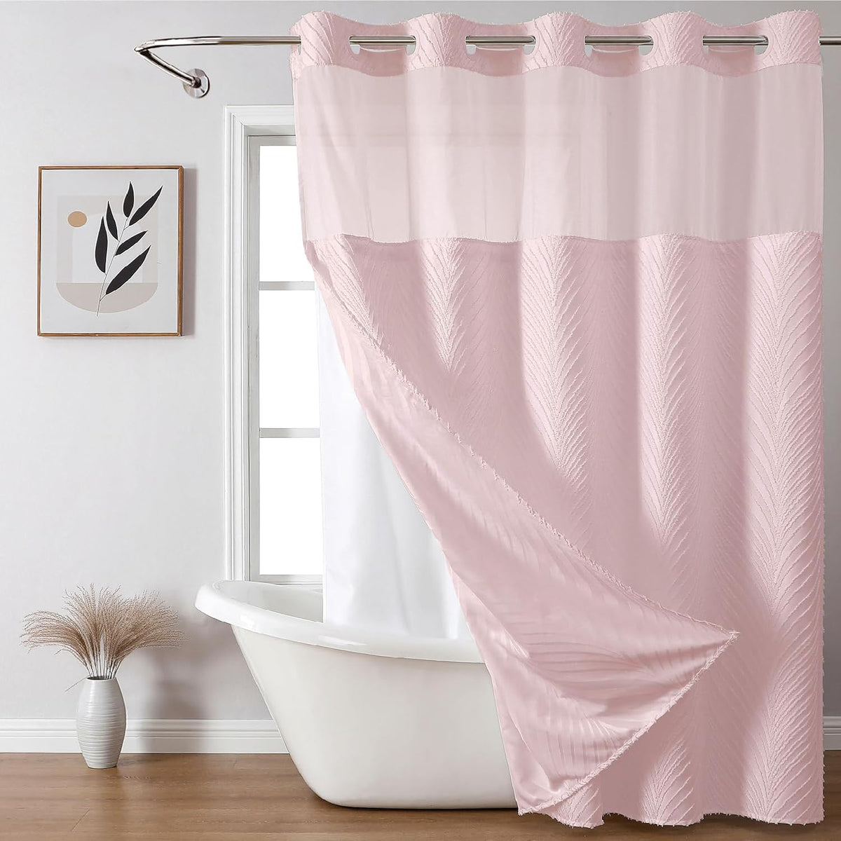 no Hook Shower Curtain and Liner Set，Boho Style with See Through Top Window, Pink Fabric Tufted Striped Textured Outer Curtain & Waterproof Inner Liner, Pink, 71Wx74H