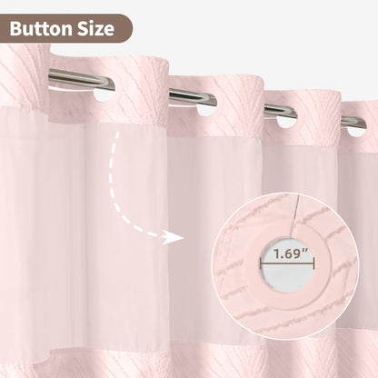 no Hook Shower Curtain and Liner Set，Boho Style with See Through Top Window, Pink Fabric Tufted Striped Textured Outer Curtain & Waterproof Inner Liner, Pink, 71Wx74H