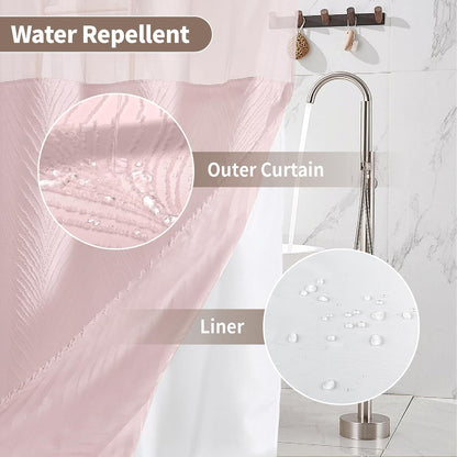 no Hook Shower Curtain and Liner Set，Boho Style with See Through Top Window, Pink Fabric Tufted Striped Textured Outer Curtain & Waterproof Inner Liner, Pink, 71Wx74H
