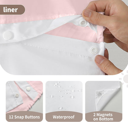 no Hook Shower Curtain and Liner Set，Boho Style with See Through Top Window, Pink Fabric Tufted Striped Textured Outer Curtain & Waterproof Inner Liner, Pink, 71Wx74H