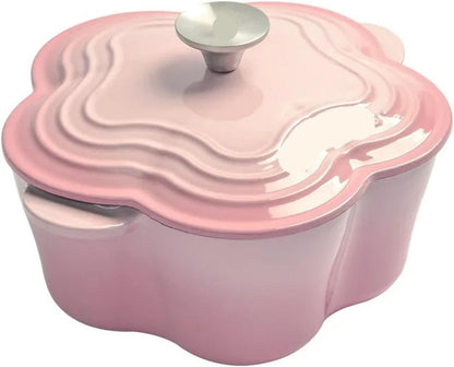 Casserole Dish 20cm Petal Cast Iron Oven Binaural Enamel Pot for Bake Bread and Casserole Dish Braising with Lid for All Heat Source (Pink)