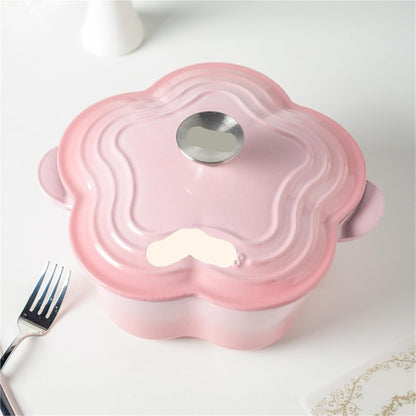 Casserole Dish 20cm Petal Cast Iron Oven Binaural Enamel Pot for Bake Bread and Casserole Dish Braising with Lid for All Heat Source (Pink)