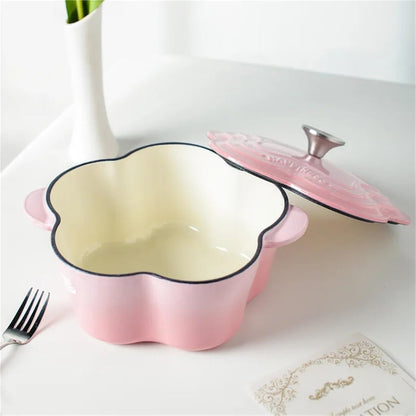 Casserole Dish 20cm Petal Cast Iron Oven Binaural Enamel Pot for Bake Bread and Casserole Dish Braising with Lid for All Heat Source (Pink)
