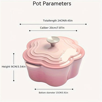 Casserole Dish 20cm Petal Cast Iron Oven Binaural Enamel Pot for Bake Bread and Casserole Dish Braising with Lid for All Heat Source (Pink)
