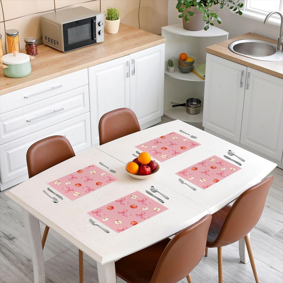 Pink Bow Placemats Set of 4 Cute Coquette Bow Knot Table Mats for Party Kitchen Dining Decoration Apple Themed Place Mat for Table Holiday Decor Indoor Outdoor 18"x12" Non-Slip Easy to Clean Washable