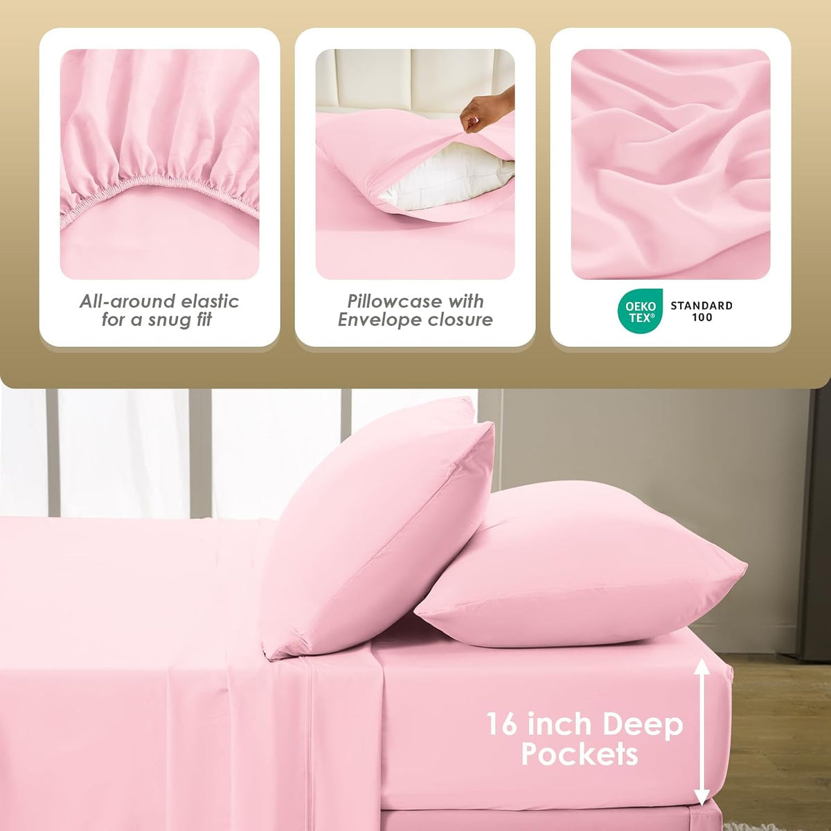 King Size Sheet Set - Luxury 4 Piece Silky Soft & Breathable Cooling Sheets for King Size Bed, 16" Deep Pocket Easy Care Bed Sheet Set Wrinkle Free Bedding Sheet and Pillowcase Set, Pink