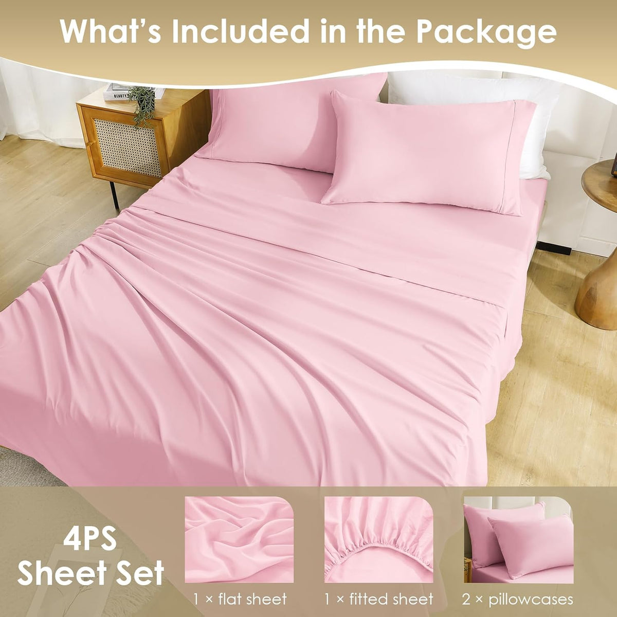 King Size Sheet Set - Luxury 4 Piece Silky Soft & Breathable Cooling Sheets for King Size Bed, 16" Deep Pocket Easy Care Bed Sheet Set Wrinkle Free Bedding Sheet and Pillowcase Set, Pink