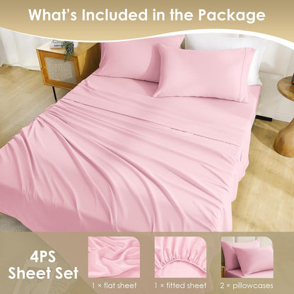 King Size Sheet Set - Luxury 4 Piece Silky Soft & Breathable Cooling Sheets for King Size Bed, 16" Deep Pocket Easy Care Bed Sheet Set Wrinkle Free Bedding Sheet and Pillowcase Set, Pink
