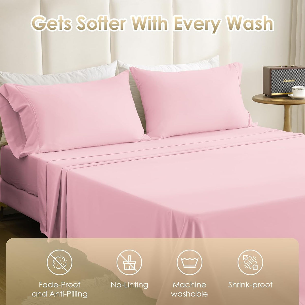 King Size Sheet Set - Luxury 4 Piece Silky Soft & Breathable Cooling Sheets for King Size Bed, 16" Deep Pocket Easy Care Bed Sheet Set Wrinkle Free Bedding Sheet and Pillowcase Set, Pink