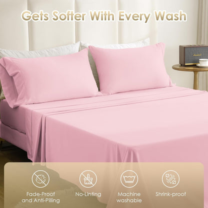 King Size Sheet Set - Luxury 4 Piece Silky Soft & Breathable Cooling Sheets for King Size Bed, 16" Deep Pocket Easy Care Bed Sheet Set Wrinkle Free Bedding Sheet and Pillowcase Set, Pink