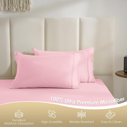 King Size Sheet Set - Luxury 4 Piece Silky Soft & Breathable Cooling Sheets for King Size Bed, 16" Deep Pocket Easy Care Bed Sheet Set Wrinkle Free Bedding Sheet and Pillowcase Set, Pink