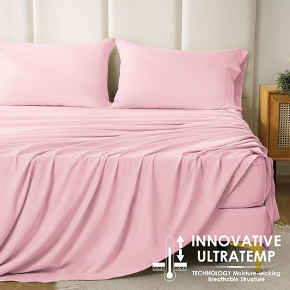 King Size Sheet Set - Luxury 4 Piece Silky Soft & Breathable Cooling Sheets for King Size Bed, 16" Deep Pocket Easy Care Bed Sheet Set Wrinkle Free Bedding Sheet and Pillowcase Set, Pink