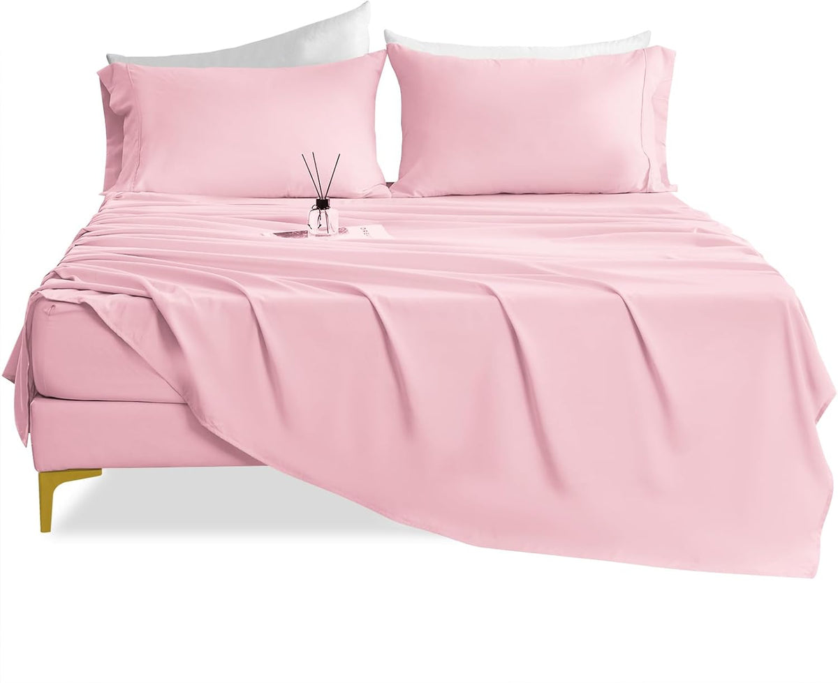 King Size Sheet Set - Luxury 4 Piece Silky Soft & Breathable Cooling Sheets for King Size Bed, 16" Deep Pocket Easy Care Bed Sheet Set Wrinkle Free Bedding Sheet and Pillowcase Set, Pink