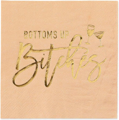 Masterpiece Bottoms Up Beverage Napkins / 50 Pink Girls Weekend Cocktail Napkins With Shiny Gold Foil Accents / 4 3/4" x 4 3/4" Square Snarky Ladies Party 3 Ply Coral Peach Napkin