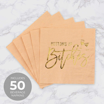 Masterpiece Bottoms Up Beverage Napkins / 50 Pink Girls Weekend Cocktail Napkins With Shiny Gold Foil Accents / 4 3/4" x 4 3/4" Square Snarky Ladies Party 3 Ply Coral Peach Napkin