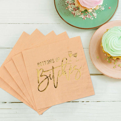 Masterpiece Bottoms Up Beverage Napkins / 50 Pink Girls Weekend Cocktail Napkins With Shiny Gold Foil Accents / 4 3/4" x 4 3/4" Square Snarky Ladies Party 3 Ply Coral Peach Napkin
