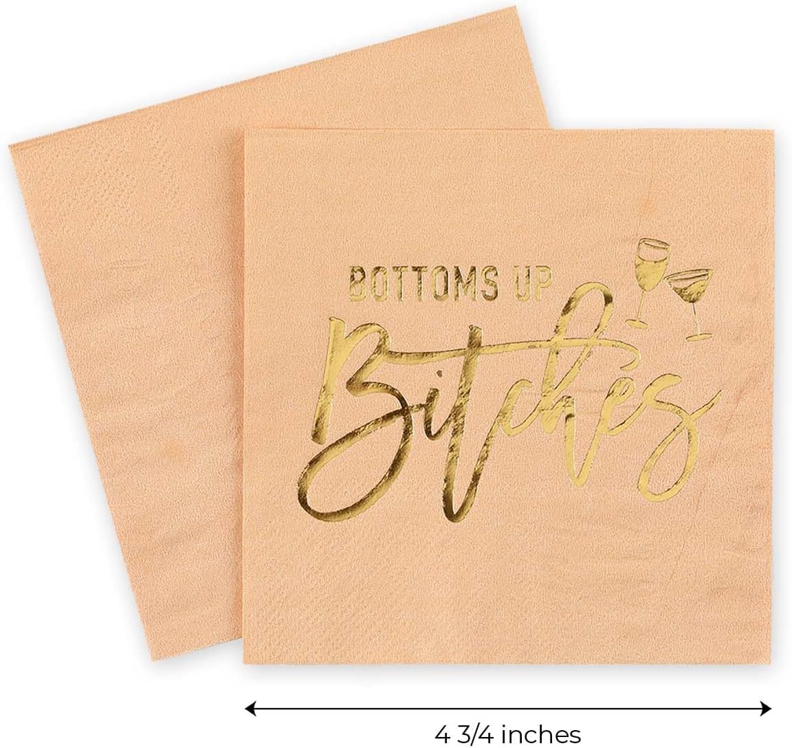 Masterpiece Bottoms Up Beverage Napkins / 50 Pink Girls Weekend Cocktail Napkins With Shiny Gold Foil Accents / 4 3/4" x 4 3/4" Square Snarky Ladies Party 3 Ply Coral Peach Napkin