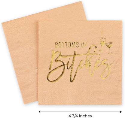 Masterpiece Bottoms Up Beverage Napkins / 50 Pink Girls Weekend Cocktail Napkins With Shiny Gold Foil Accents / 4 3/4" x 4 3/4" Square Snarky Ladies Party 3 Ply Coral Peach Napkin