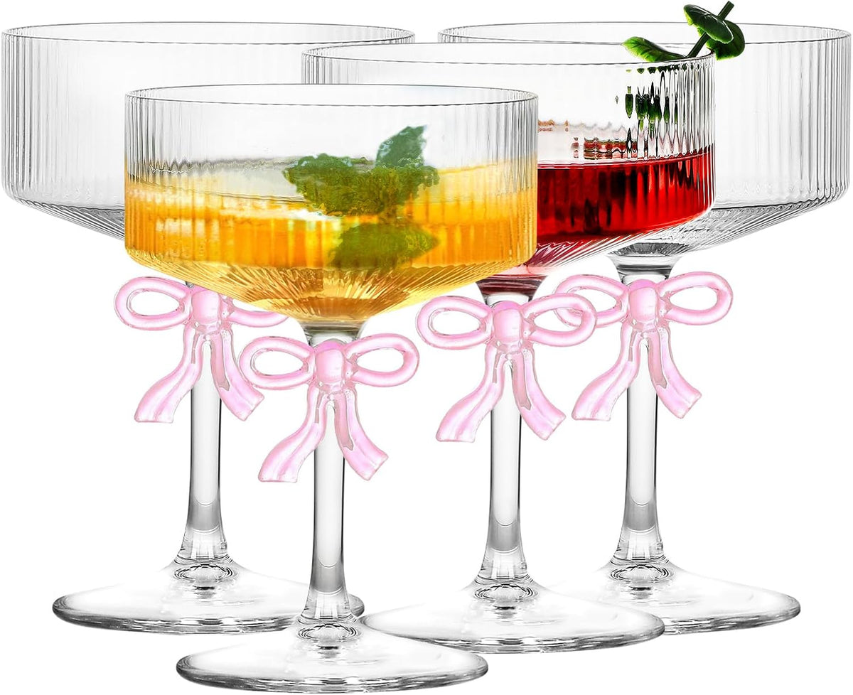 4 PCS Ribbed Coupe Glasses,10oz Vintage Coupe Glasses Unique Martini Glass with Reinforced Stems & Romantic Pink Bow, Bar Drinking Glasses Set Pefect for Cocktail, Champagne