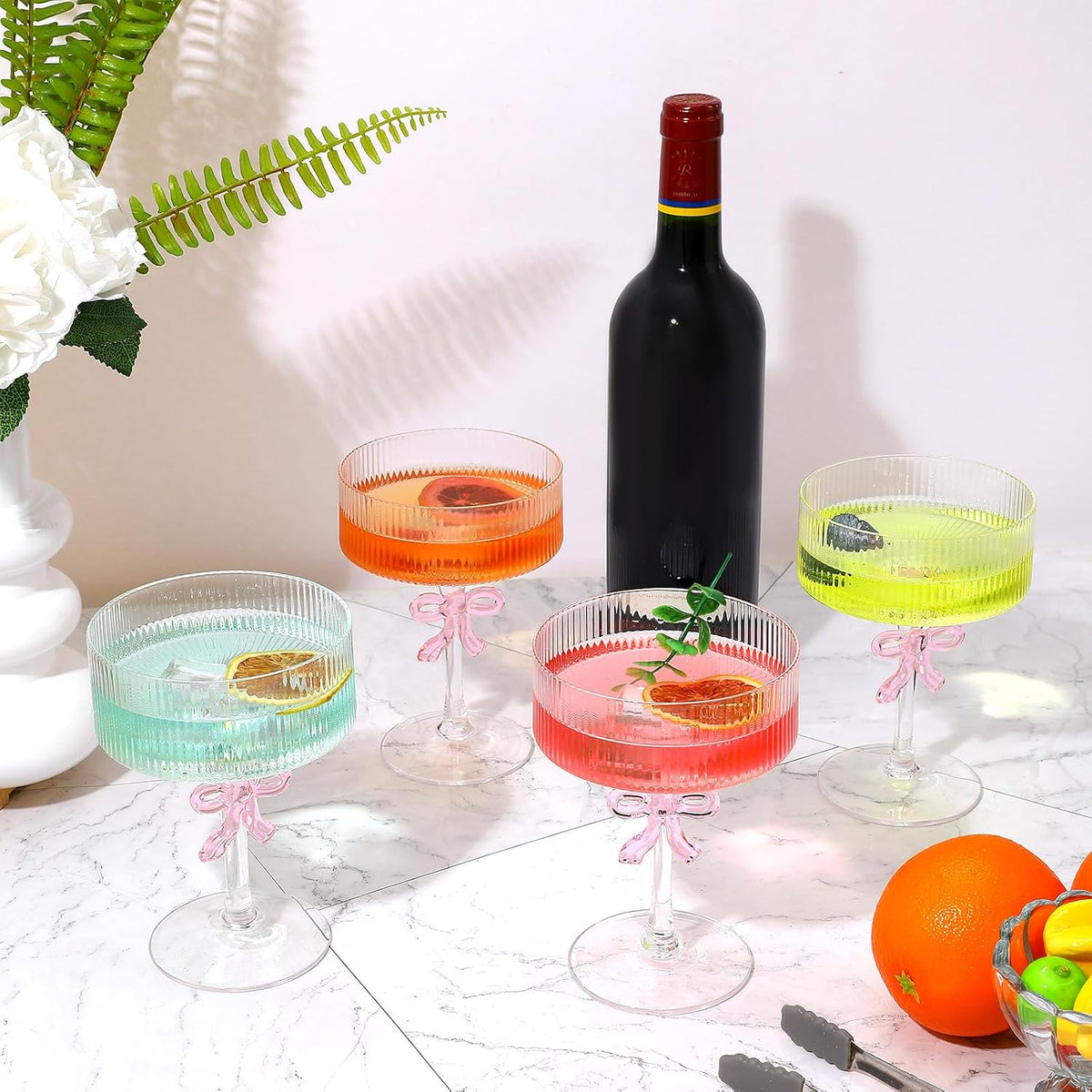 4 PCS Ribbed Coupe Glasses,10oz Vintage Coupe Glasses Unique Martini Glass with Reinforced Stems & Romantic Pink Bow, Bar Drinking Glasses Set Pefect for Cocktail, Champagne