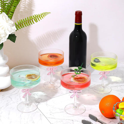 4 PCS Ribbed Coupe Glasses,10oz Vintage Coupe Glasses Unique Martini Glass with Reinforced Stems & Romantic Pink Bow, Bar Drinking Glasses Set Pefect for Cocktail, Champagne