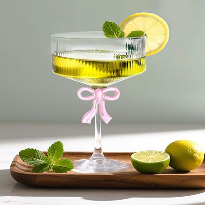4 PCS Ribbed Coupe Glasses,10oz Vintage Coupe Glasses Unique Martini Glass with Reinforced Stems & Romantic Pink Bow, Bar Drinking Glasses Set Pefect for Cocktail, Champagne