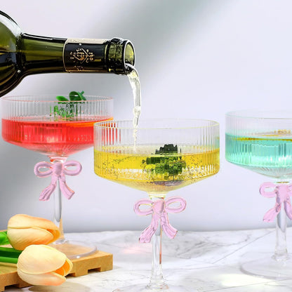 4 PCS Ribbed Coupe Glasses,10oz Vintage Coupe Glasses Unique Martini Glass with Reinforced Stems & Romantic Pink Bow, Bar Drinking Glasses Set Pefect for Cocktail, Champagne