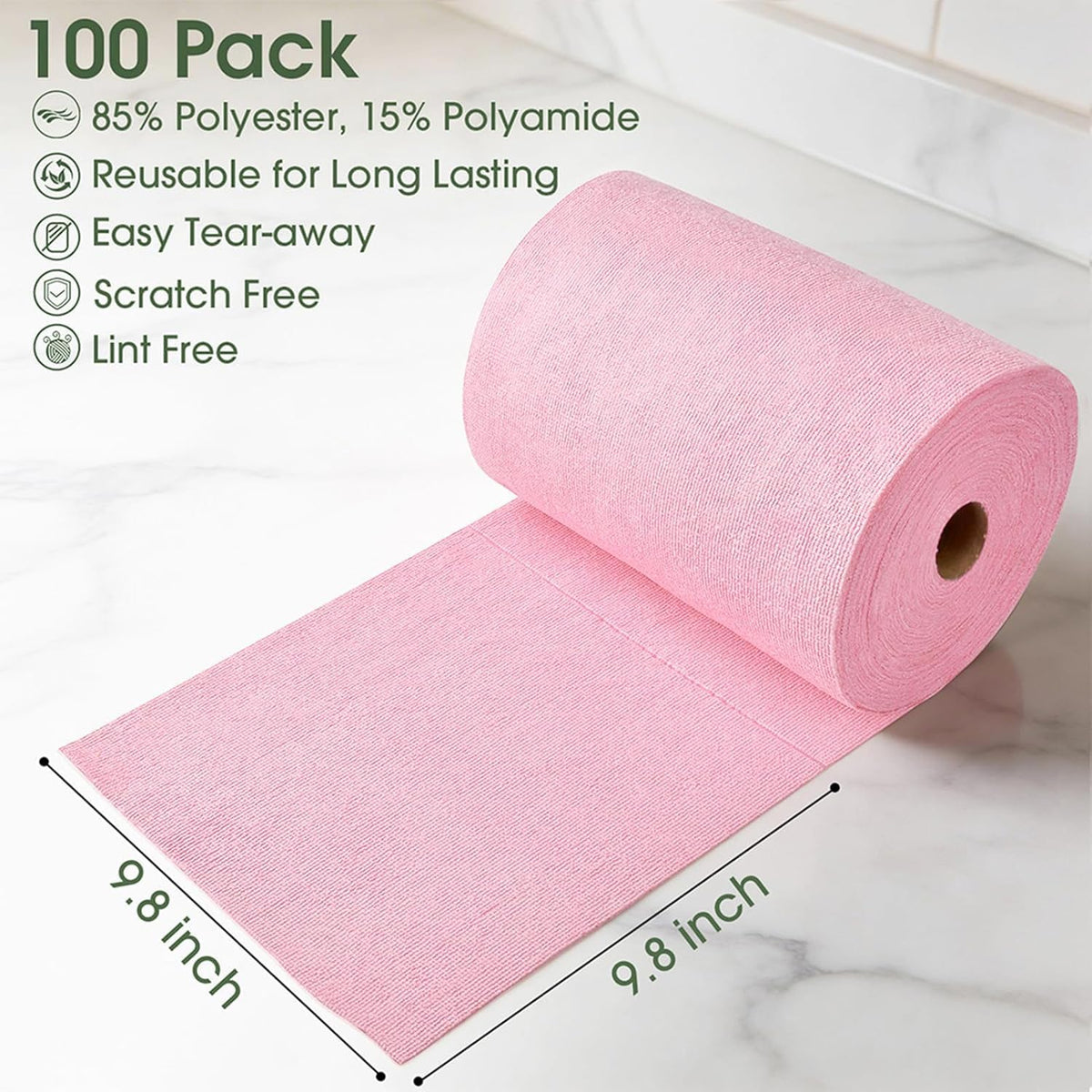 Microfiber Cleaning Cloth Roll - 100 Pack Tear Away Microfiber Paper Towels, Reusable, Washable, Scratch-Free, Kitchen Towels for Car, Home, Kitchen, Glass, Dishes(Pink)