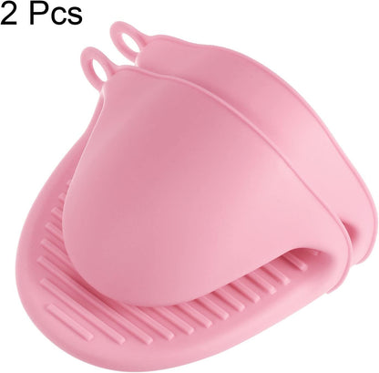 2pcs Thickened Mini Oven Gloves, Heat Resistant Silicone Oven Mitts Finger Pinch Grips Pot Holder for Kitchen, Cooking, Baking, BBQ Heat Resistant Gloves, Pink