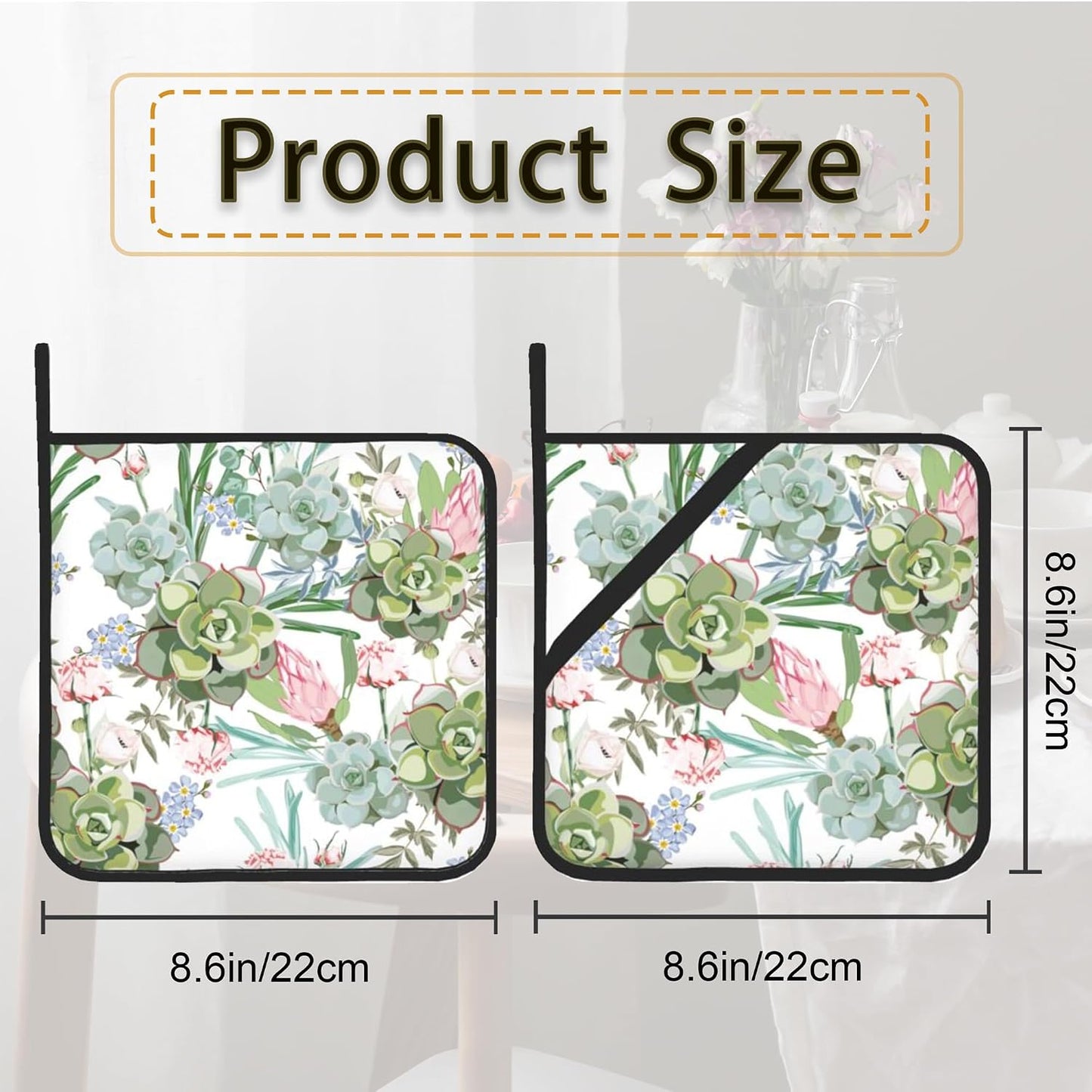 Succulent Pink Flower Herbs Pot Holder Set of 2,Heat Resistant Potholders Oven Hot Pads for Kitchen Cooking Baking BBQ