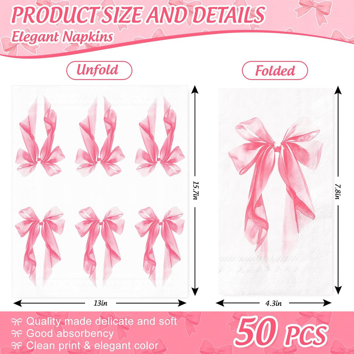 50Pcs Pink Bow Guest Napkins Disposable Napkin Aesthetic Coquette Ribbon Bow Dinner Hand Paper Napkins for Wedding Birthday Bachelorette Bridal Shower Party Supplies
