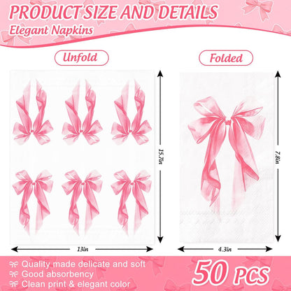 50Pcs Pink Bow Guest Napkins Disposable Napkin Aesthetic Coquette Ribbon Bow Dinner Hand Paper Napkins for Wedding Birthday Bachelorette Bridal Shower Party Supplies