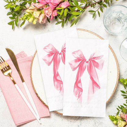 50Pcs Pink Bow Guest Napkins Disposable Napkin Aesthetic Coquette Ribbon Bow Dinner Hand Paper Napkins for Wedding Birthday Bachelorette Bridal Shower Party Supplies