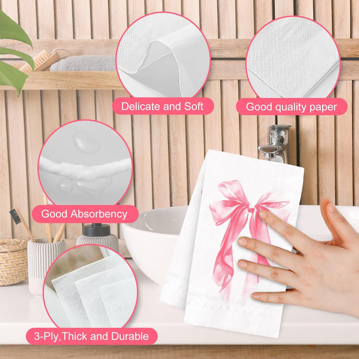 50Pcs Pink Bow Guest Napkins Disposable Napkin Aesthetic Coquette Ribbon Bow Dinner Hand Paper Napkins for Wedding Birthday Bachelorette Bridal Shower Party Supplies