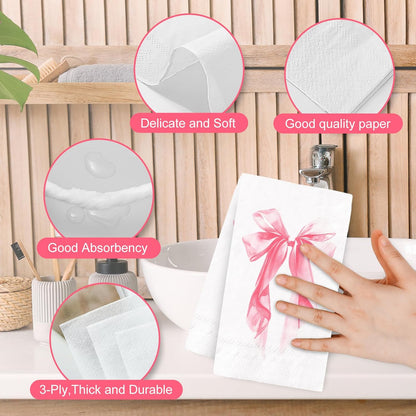 50Pcs Pink Bow Guest Napkins Disposable Napkin Aesthetic Coquette Ribbon Bow Dinner Hand Paper Napkins for Wedding Birthday Bachelorette Bridal Shower Party Supplies