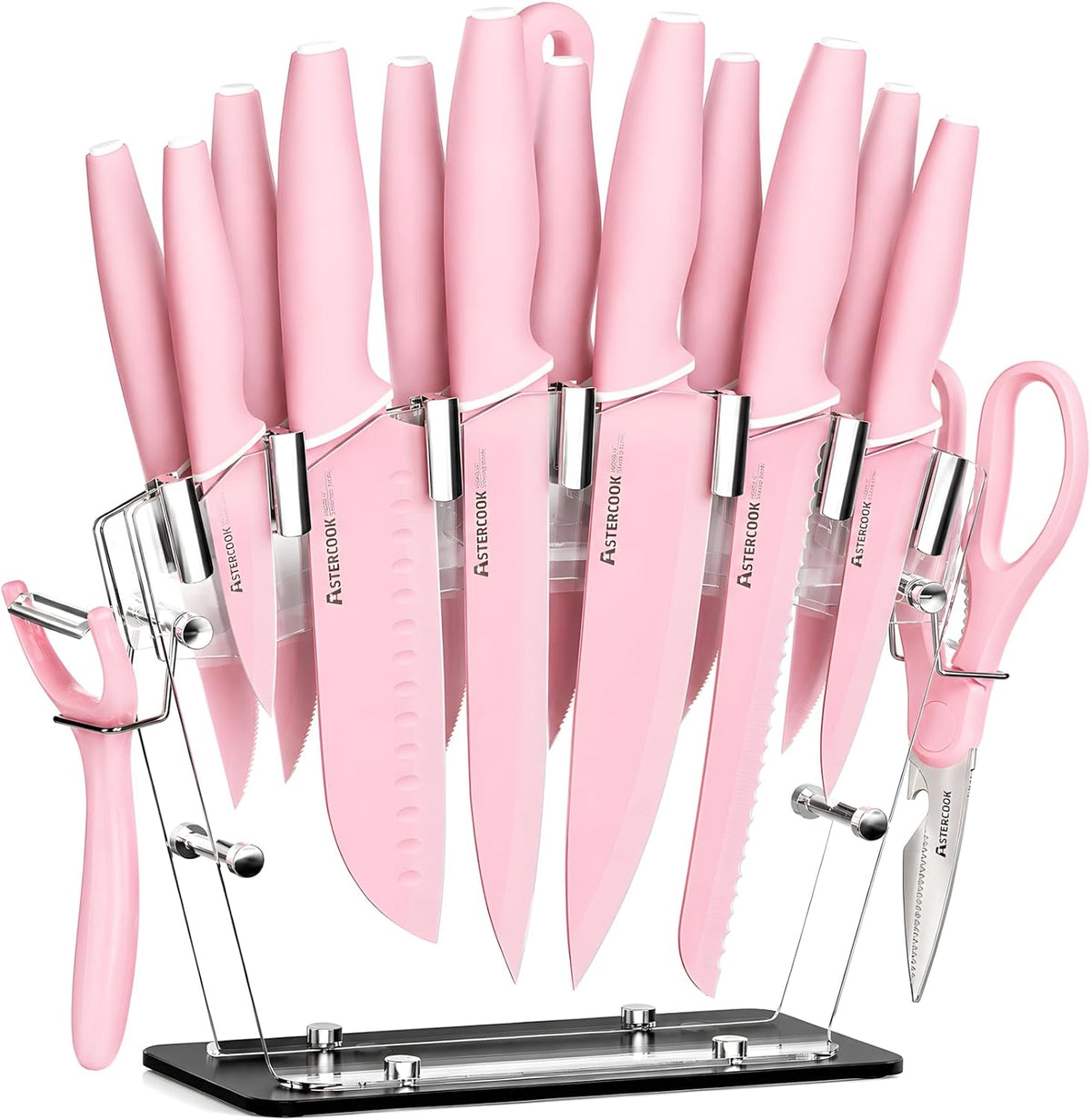 Knife Set with Block and Sharpener, 22 Piece Kitchen Knife Set Dishwasher Safe, Space-Saving Clear Knife Block with Knives for Everyday Home Cooking Pink