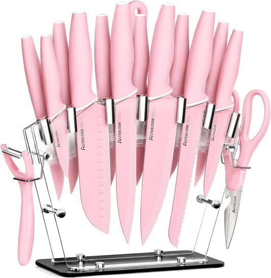 Knife Set with Block and Sharpener, 22 Piece Kitchen Knife Set Dishwasher Safe, Space-Saving Clear Knife Block with Knives for Everyday Home Cooking Pink