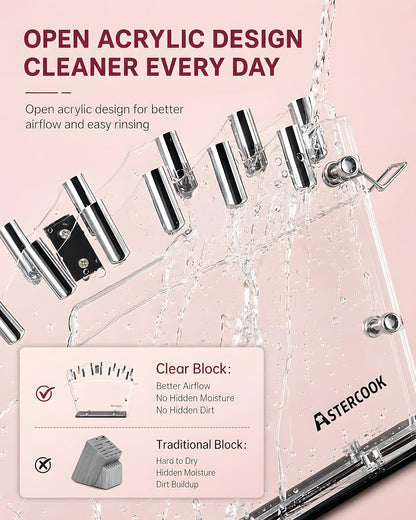 Knife Set with Block and Sharpener, 22 Piece Kitchen Knife Set Dishwasher Safe, Space-Saving Clear Knife Block with Knives for Everyday Home Cooking Pink