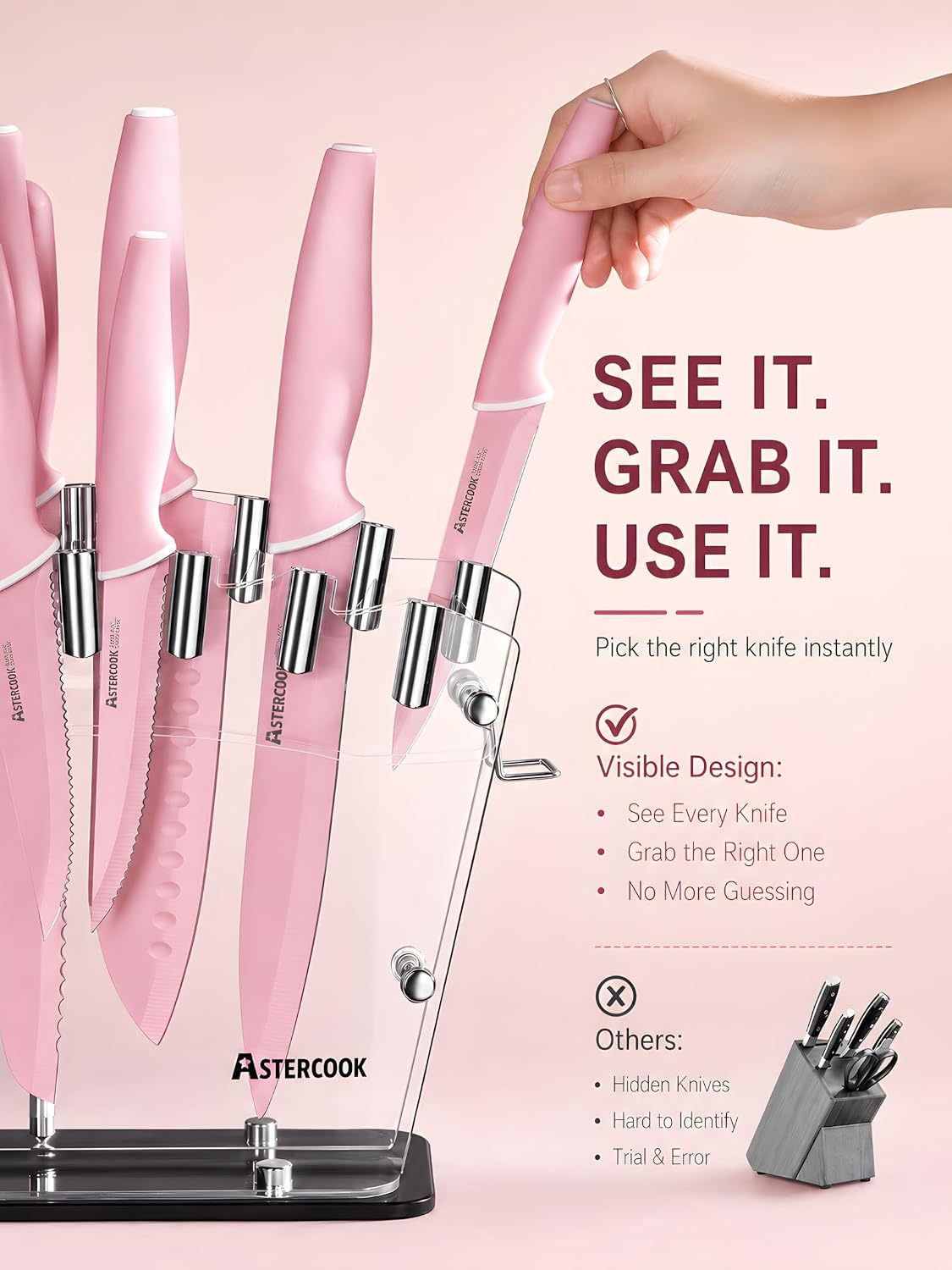 Knife Set with Block and Sharpener, 22 Piece Kitchen Knife Set Dishwasher Safe, Space-Saving Clear Knife Block with Knives for Everyday Home Cooking Pink