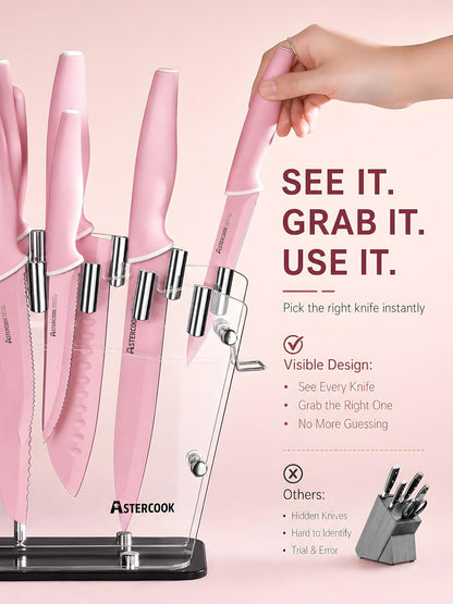 Knife Set with Block and Sharpener, 22 Piece Kitchen Knife Set Dishwasher Safe, Space-Saving Clear Knife Block with Knives for Everyday Home Cooking Pink