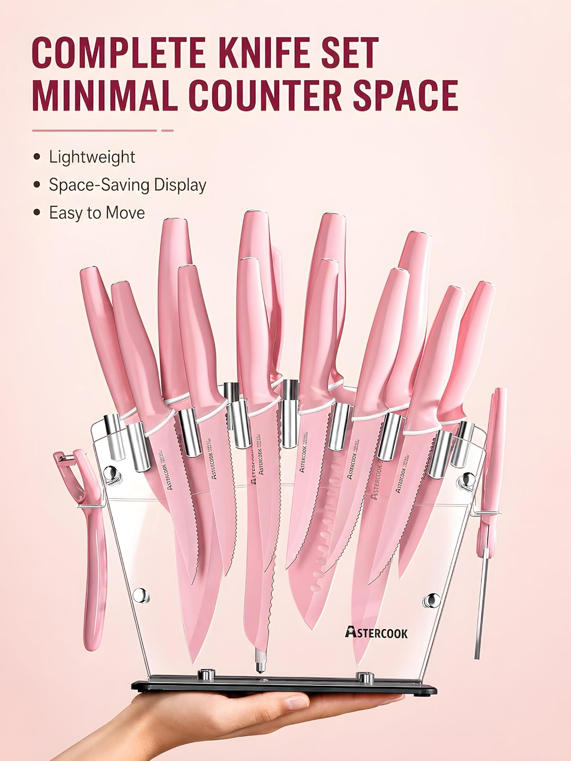 Knife Set with Block and Sharpener, 22 Piece Kitchen Knife Set Dishwasher Safe, Space-Saving Clear Knife Block with Knives for Everyday Home Cooking Pink
