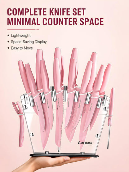 Knife Set with Block and Sharpener, 22 Piece Kitchen Knife Set Dishwasher Safe, Space-Saving Clear Knife Block with Knives for Everyday Home Cooking Pink
