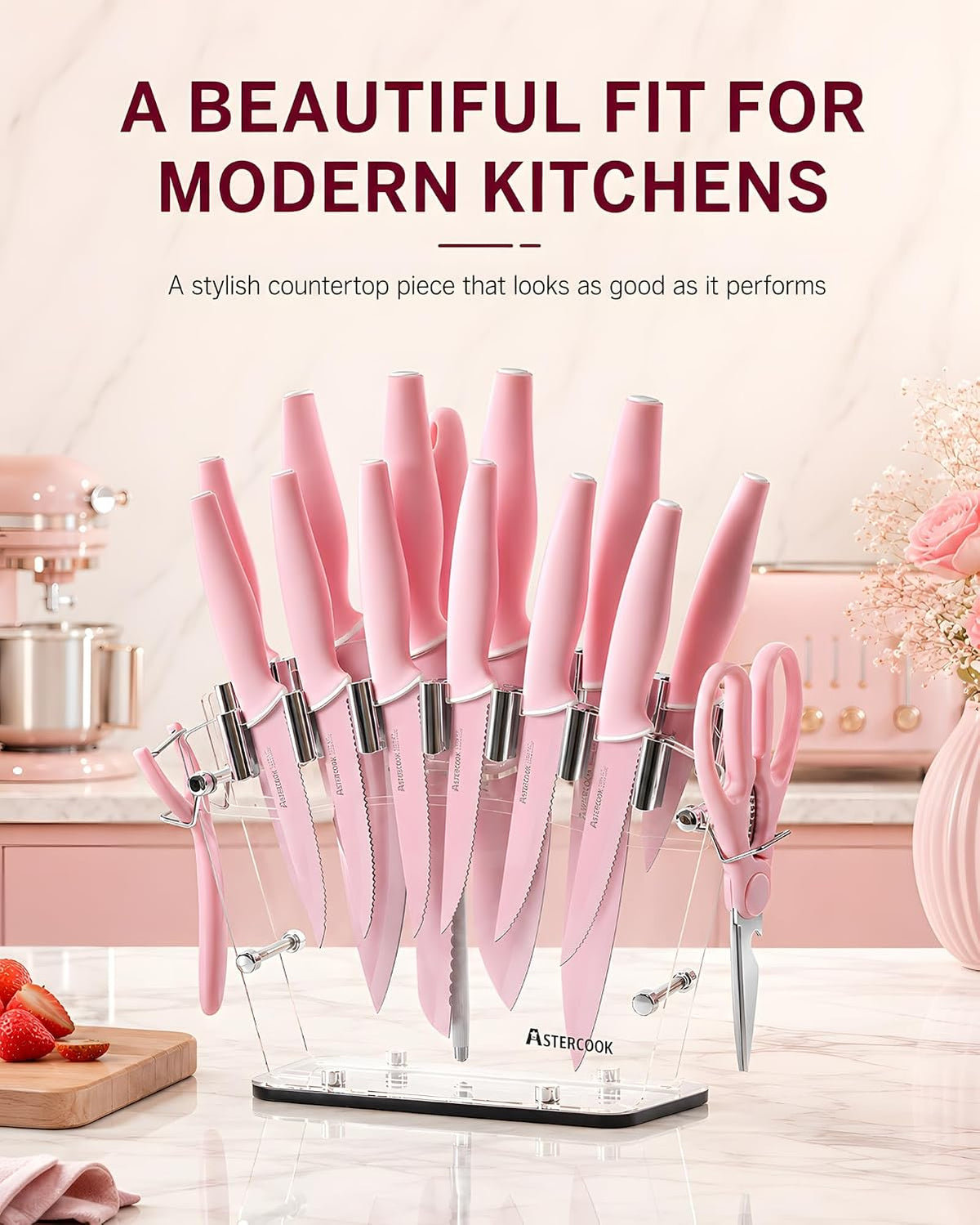 Knife Set with Block and Sharpener, 22 Piece Kitchen Knife Set Dishwasher Safe, Space-Saving Clear Knife Block with Knives for Everyday Home Cooking Pink