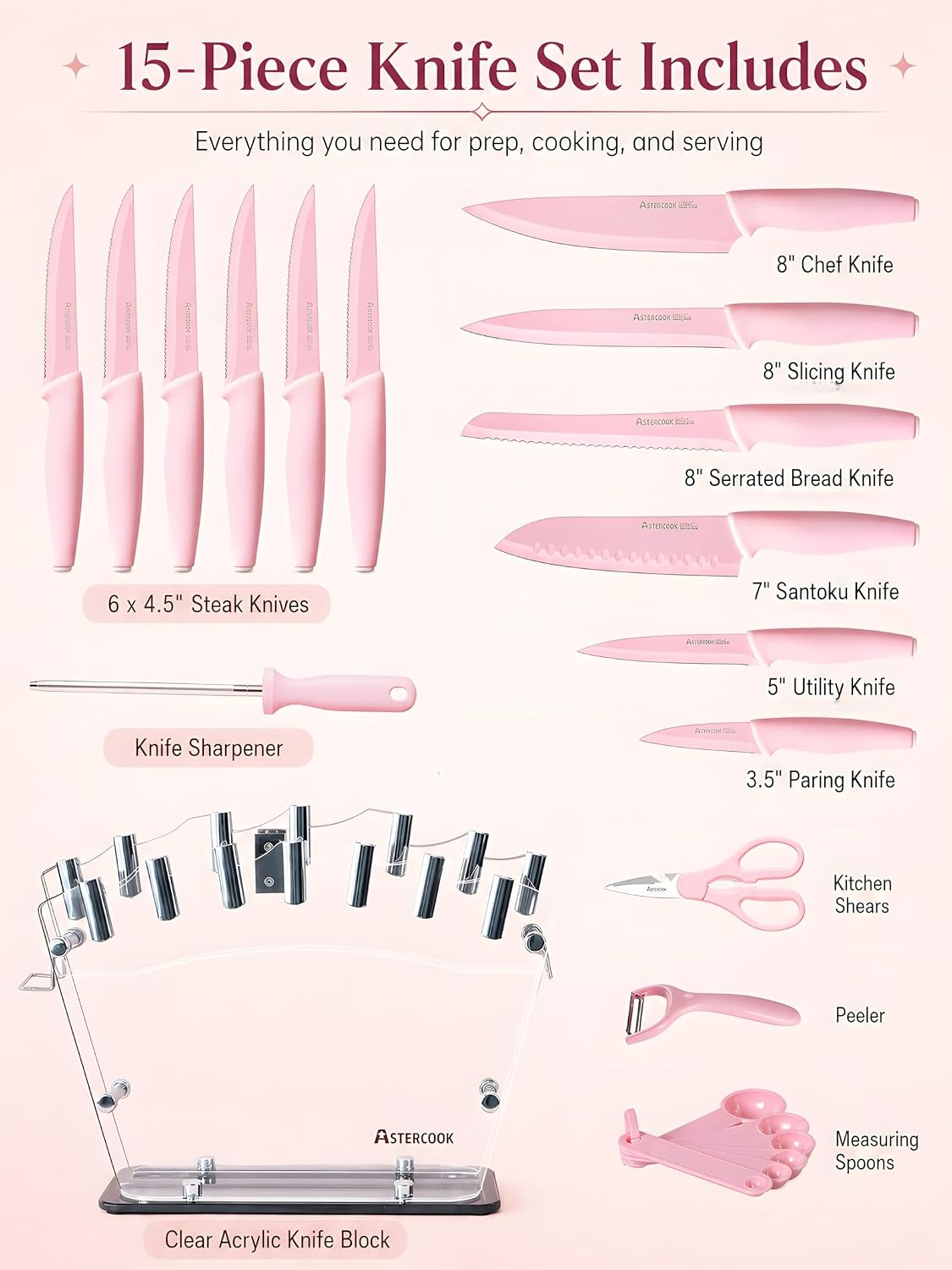 Knife Set with Block and Sharpener, 22 Piece Kitchen Knife Set Dishwasher Safe, Space-Saving Clear Knife Block with Knives for Everyday Home Cooking Pink