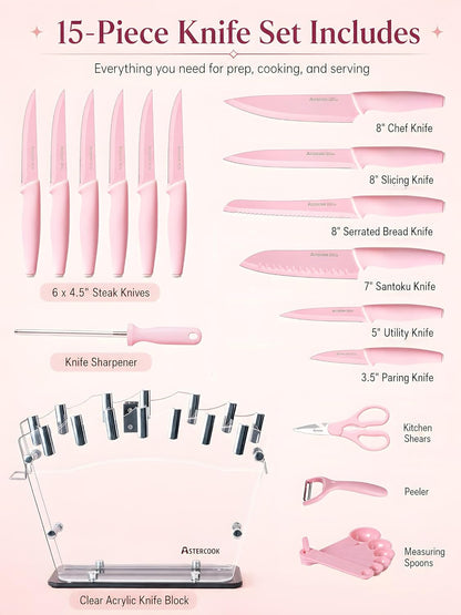 Knife Set with Block and Sharpener, 22 Piece Kitchen Knife Set Dishwasher Safe, Space-Saving Clear Knife Block with Knives for Everyday Home Cooking Pink