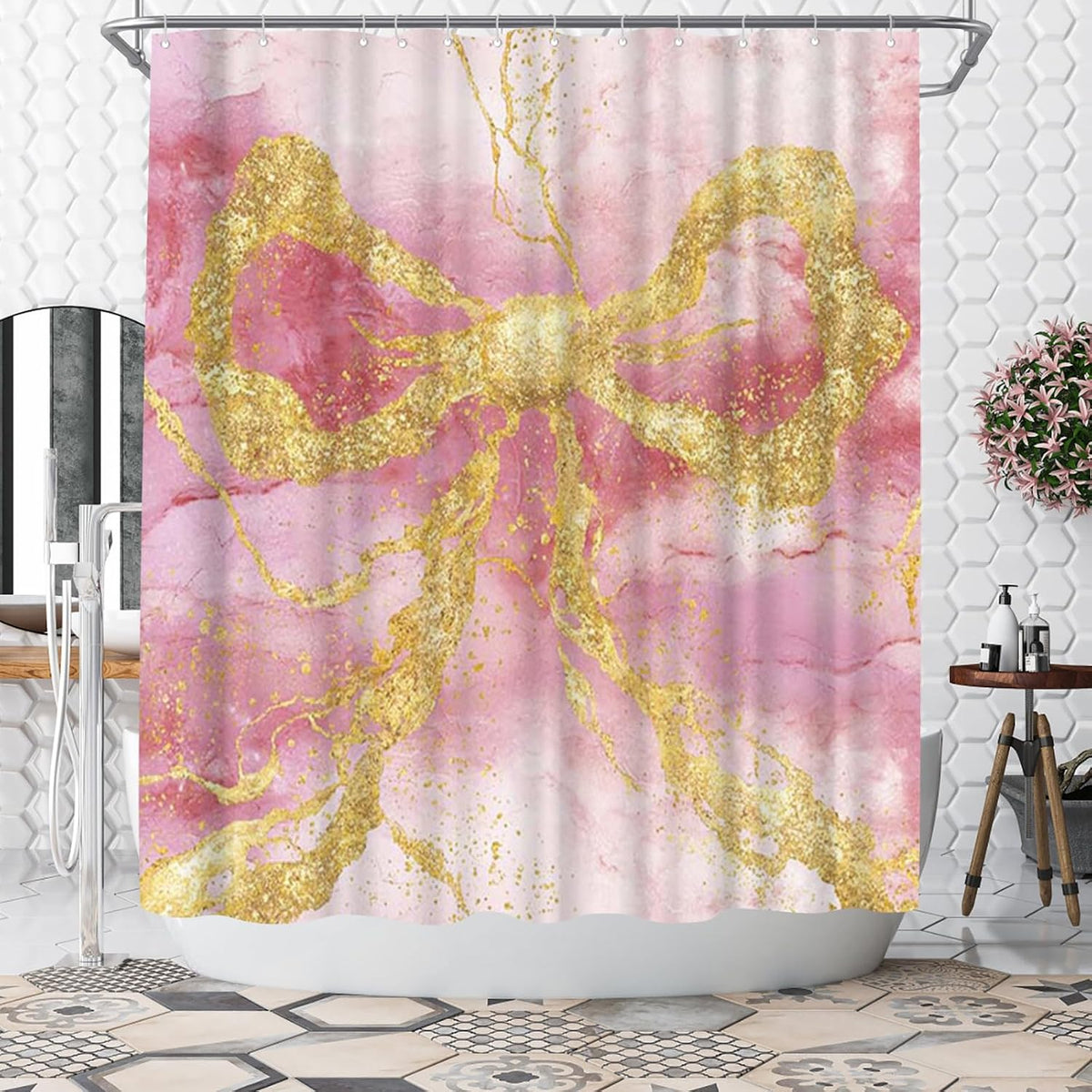 Gold Bow Shower Curtain Modern Abstract Marble Shower Curtain 72x72inch Machine Washable Polyester Fabric with 12 Hooks Bathroom Decor (Pink)